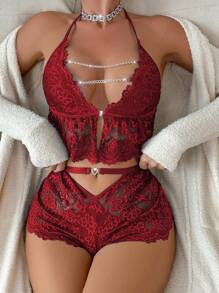 Women's Chain Detail See-Through Lace Lingerie Set - Burgundy - View 4