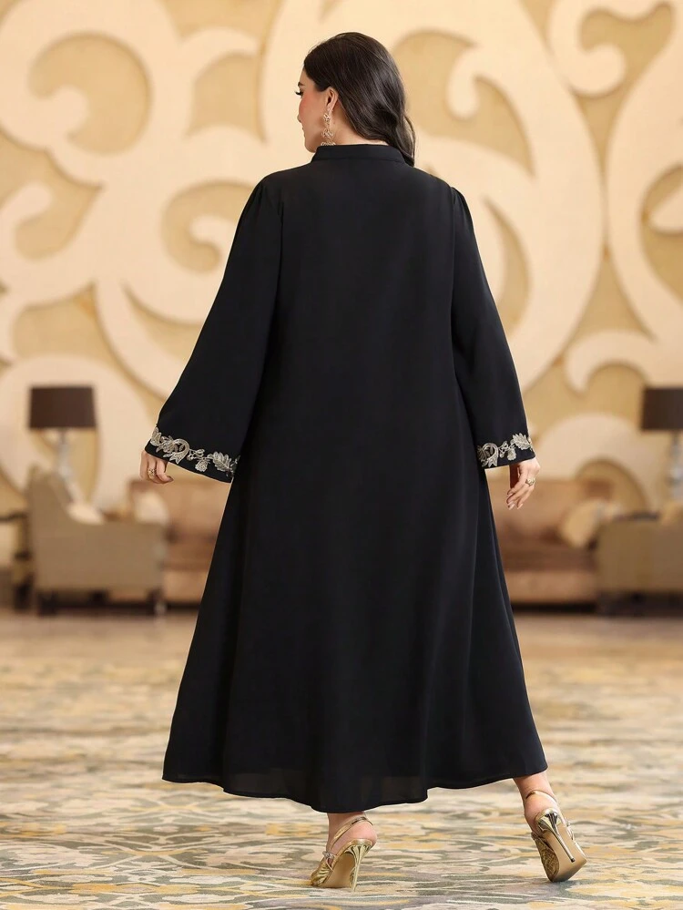 Plus Size Flower Embroidery Notch Neckline Kaftan Jalabiya Dress, Elegant Luxury Evening Party Style