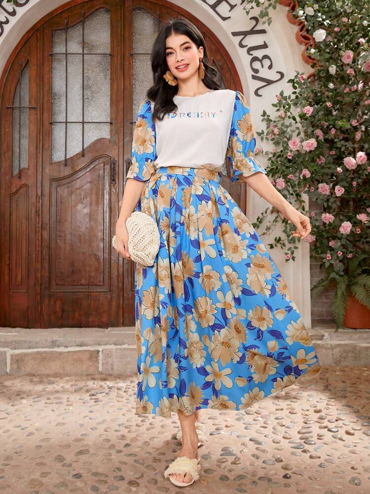 Women's Letter & Floral Pattern Bell Sleeve Top And High Waisted Skirt Two Pieces Set 2 Pieces Set