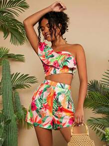 Travachic Women's Tropical Plant Print One Shoulder Ruffle Trim Top And Shorts Two Piece Beach Set - Multicolor - View 3