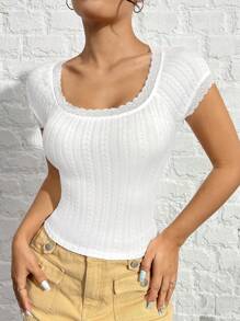 SHEIN EZwear Trắng Dệt kim Thon gọn Của phụ nữ Ren Vá lại Áo thun - trắng - Xem 7