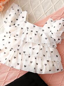SHEIN 女婴欧根纱印花黑色心形图案上衣和喇叭裤套装 - 黑與白 - 查看 5