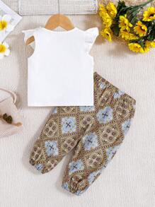 SHEIN Conjunto de vacaciones para bebé niña con blusa vintage de estampado floral con dobladillo de volantes y pantalones largos - Blanco - Ver 2