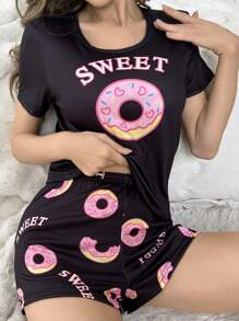 Donut And Letter Print Short Sleeve T-Shirt And Shorts Pajama Set - Multicolor - View 5