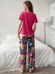 Cute Cartoon Printed Pajamas Set - Hot Pink - View 2