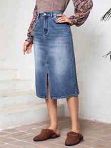 SHEIN LUNE Denim Giải trí Váy Với Mặt trước Khe - Màu xanh lam - Xem 3