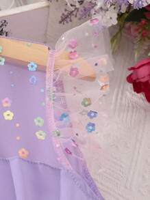 Sparklyn 少女優雅甜美時尚花朵網紗無袖裙 - 紫色 - 查看 4