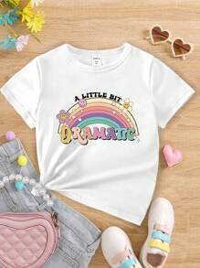 SHEIN Young Girl's Rainbow Letter Print Short Sleeve T-Shirt Style Hit  Summer Tops - White - View 1