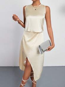 Chiquease 女款圓領背心開叉裙擺兩件套 - 香檳色 - 查看 4