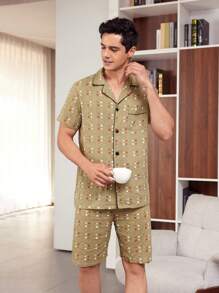 Men's Geometric Pattern Short Sleeve Shirt Pajama Set