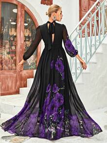 Damen Kleid mit hoher Taille, Schlüsselloch-Ausschnitt, Hohldetail, eleganter langer Blume Muster, Laternenärmel, weiches Material geeignet für Urlaub, Alltag, Reisen