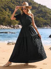 SHEIN VCAY 夏季海滩装度假女士单肩连衣裙 - 黑色 - 查看 3