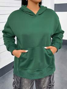 Flirla Plus Size Kangaroo Pocket Drop Shoulder Split Hem Sweatshirt - Dark Green - View 3