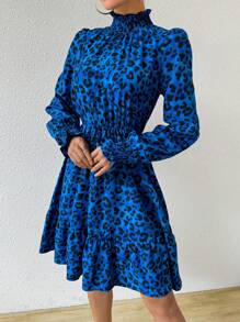 SHEIN Privé 女裝豹紋印花立領連衣裙 - 藍色 - 查看 3