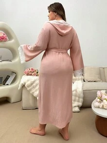 بيجامة سترة كبيرة الحجم مع غطاء للرأس وتفصيل دانتيل - وردي - مشاهدة 2