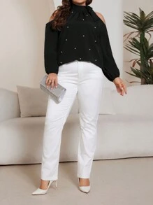 SHEIN Unity Plus Size Women Studded Blouse - Black - View 3