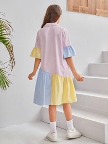 SHEIN Leap Crew 少女們的雜色寬鬆休閒襯衫裙 - 粉色 - 查看 2