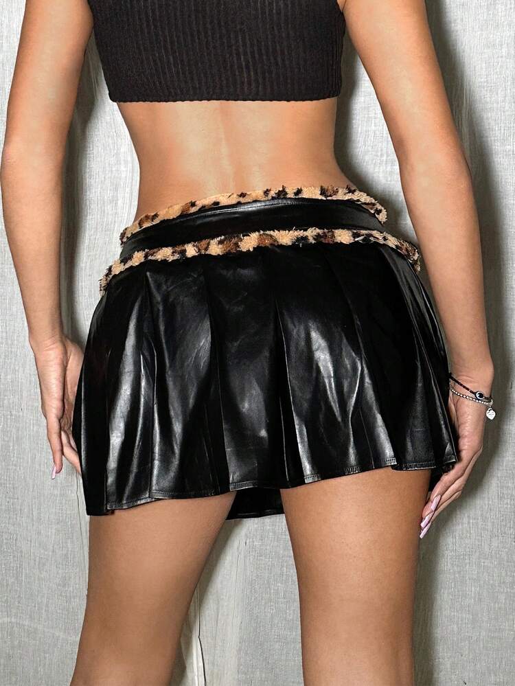 Women's Leopard Print Pu Leather Patchwork Skirt