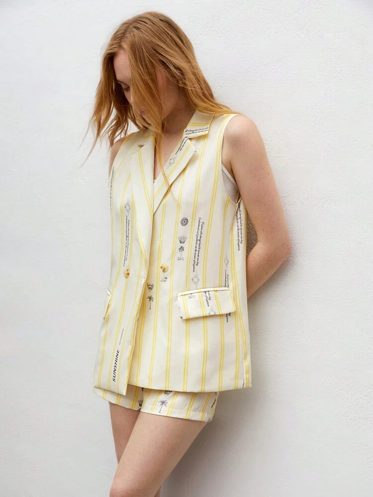 Women's Striped Coconut Tree & Letter Print Suit Set