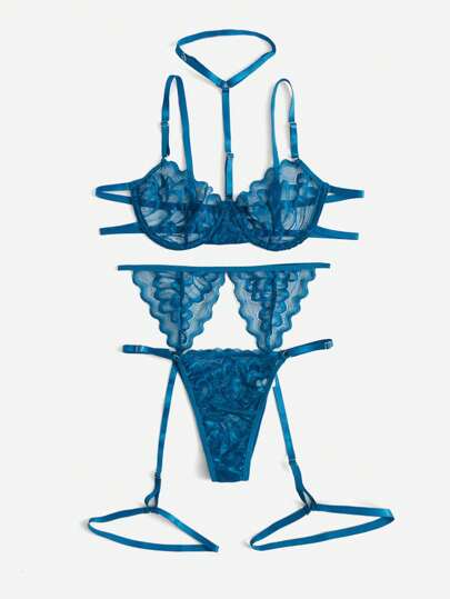 Kawaii Set lingerie pizzo floreale con ferretto giarrettiera con choker