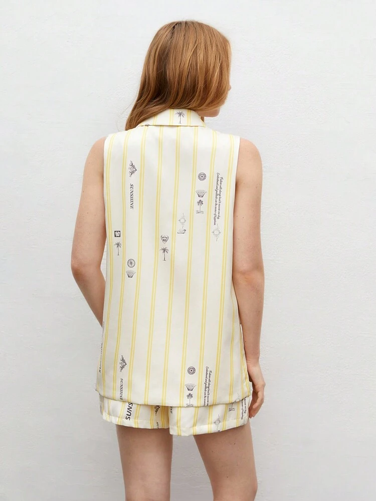 Women's Striped Coconut Tree & Letter Print Suit Set