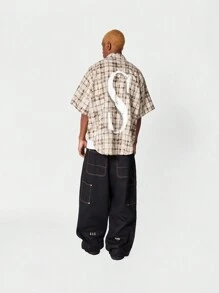 SUMWON Oversized Fit Checked Shirt With Front And Back Graphic Print - Apricot - View 3