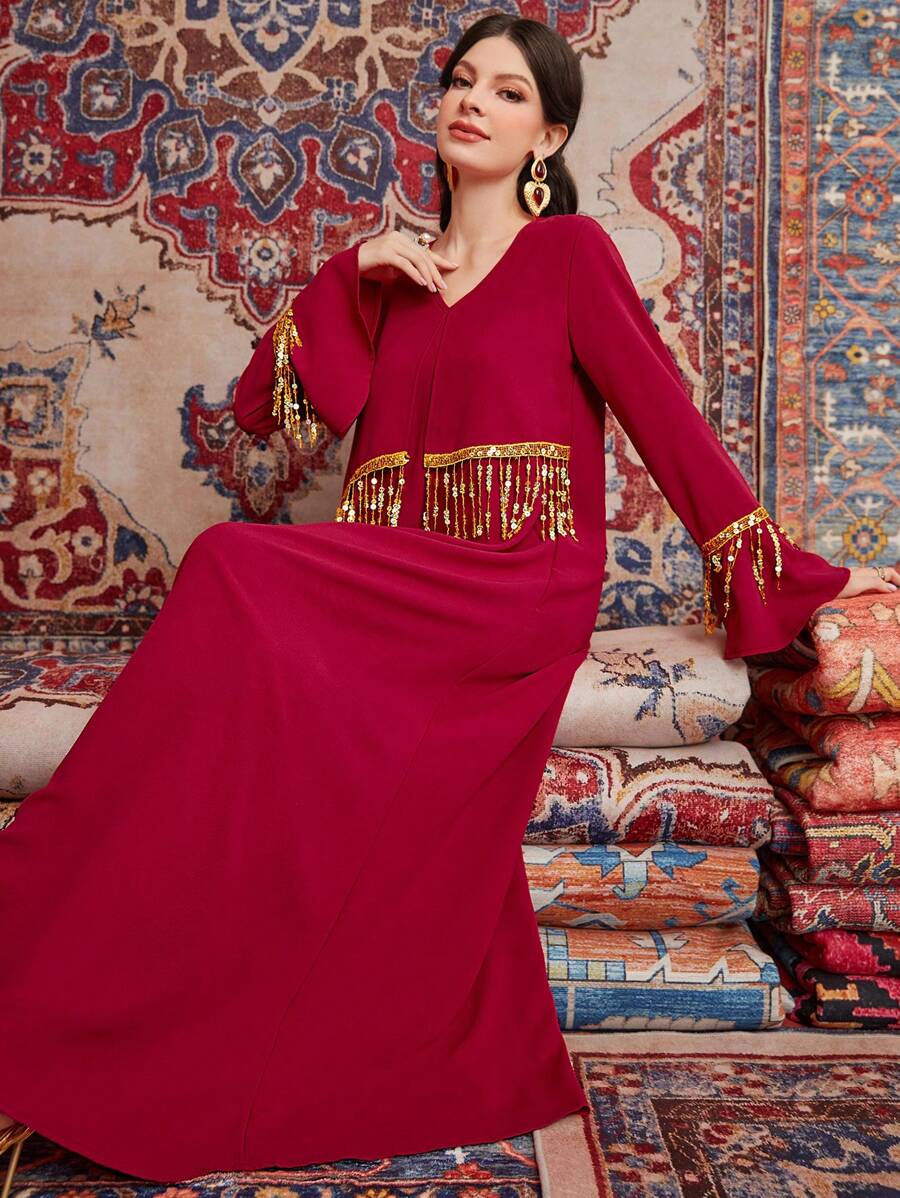 Al Najma Women's Gold Fringe Decorated Arabian Dress