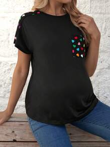 SHEIN Maternity Heart Printed Patchwork T-Shirt - Black - View 3