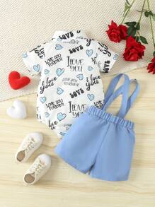 Conjunto De San Valentín Para Bebé Niño, Rompe-camisa Con Estampado De Corazones Y Letras Con Tirantes Shorts De Color Sólido Estilo Caballero - Azul - Ver 2