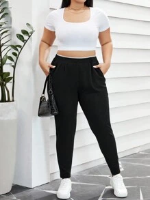 SHEIN Essnce Plus Size High-Waist Slanted Pocket Pants - Black - View 5