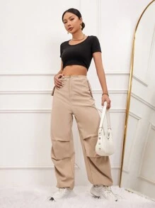 Aveloria Solid Color Drawstring Waist Parachute Pants Fall Cloth For Women