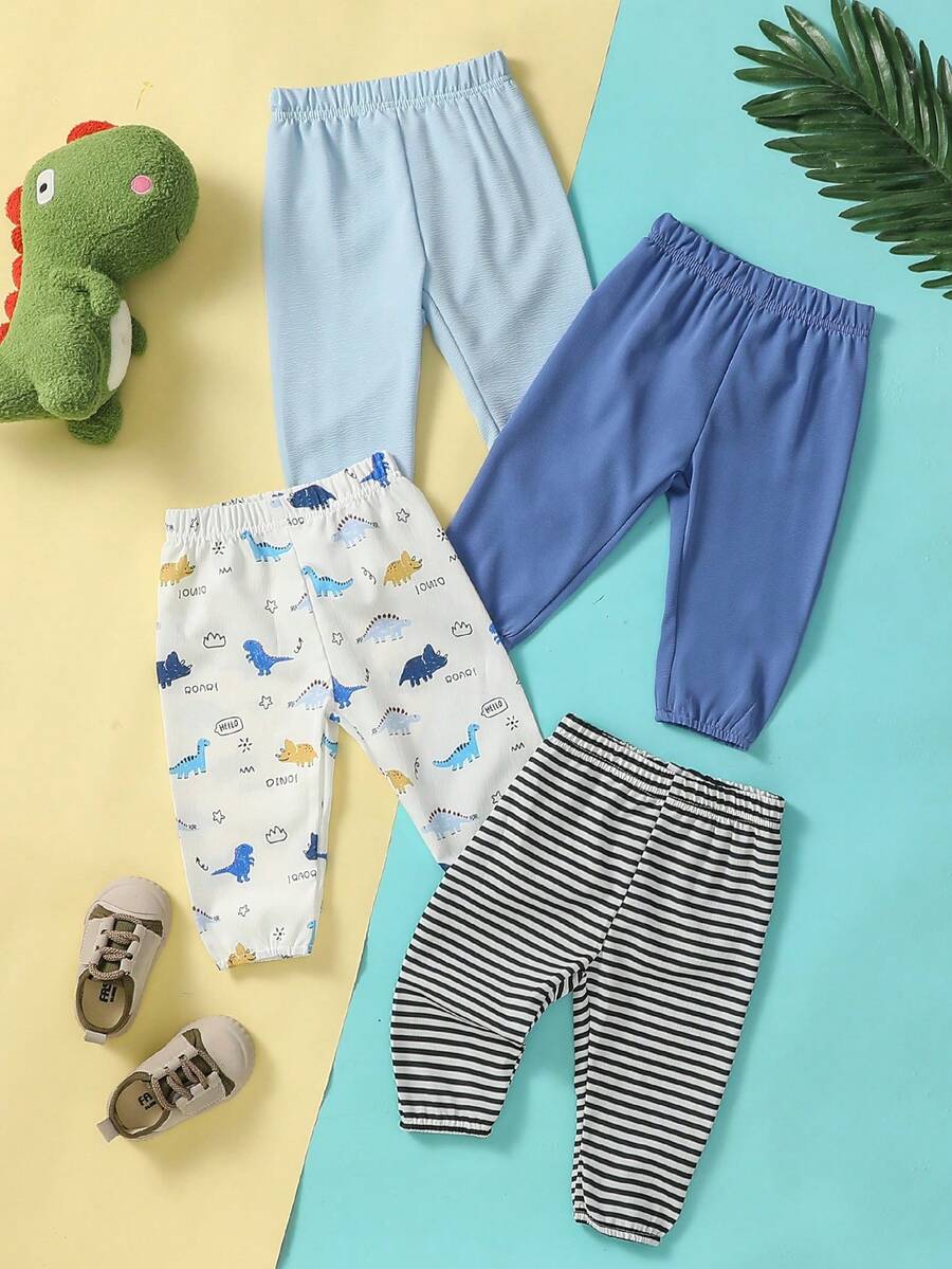 Conjunto De 4 Piezas De Pantalones Para Bebé Con Dibujos Animados Simples A Rayas, Sólidos Con Textura, Elásticos En El Puño, Bonitos Y Cómodos Para El Uso Diario En Primavera Y Verano - Multicolor - Ver 1