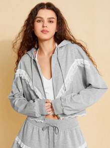 Forever 21 休閒運動宮殿蕾絲拼接寬鬆束腰女士帽t長袖衛衣連衣裙 - 灰色 - 查看 3