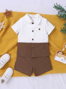 SHEIN Baby Boy Summer Outdoor Color Block Casual & College Style Comfortable & Fashionable & Simple Utility Loose Fit Color Block Vest & Shorts & Solid Color Short Sleeve T-Shirt 3pcs/Set - Multicolor - View 1