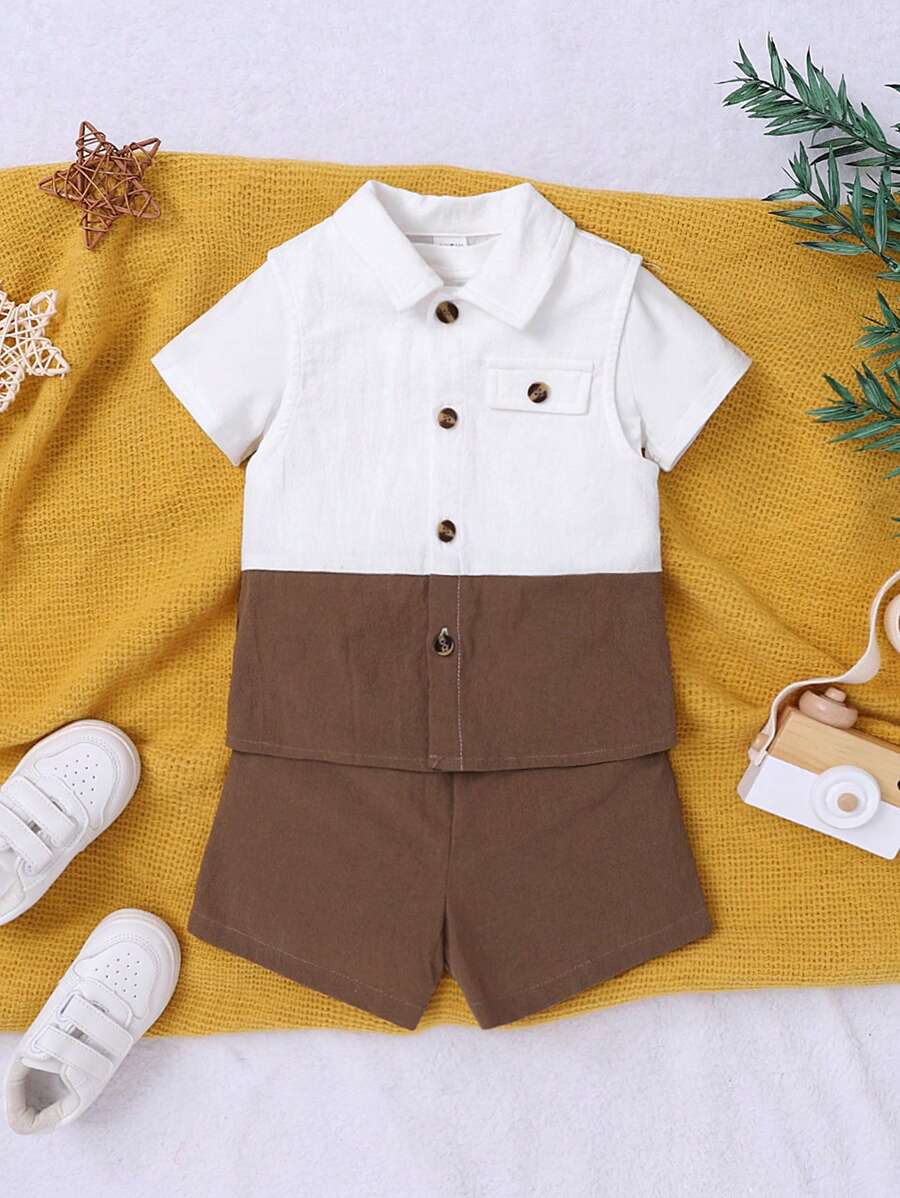 SHEIN Baby Boy Summer Outdoor Color Block Casual & College Style Comfortable & Fashionable & Simple Utility Loose Fit Color Block Vest & Shorts & Solid Color Short Sleeve T-Shirt 3pcs/Set - Multicolor - View 1
