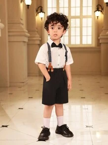 Boys' White Short Sleeve Shirt And Black Shorts Suit, Fashionable And Suitable For Birthday Parties, Evening Parties, Performances, Weddings, Etc, Summer - White - View 6