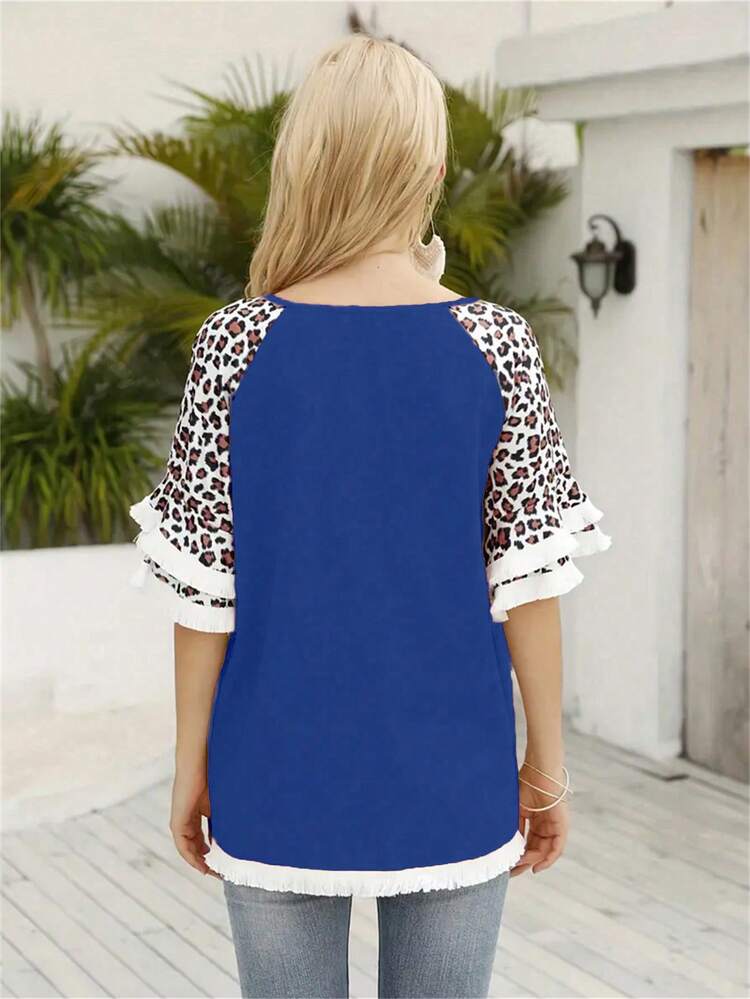 Plus Size Women's Leopard Print Patchwork Raglan Sleeve T-Shirt
