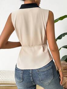 SHEIN Clasi 女款撞色鑲邊側結無袖襯衫 - 杏色 - 查看 2