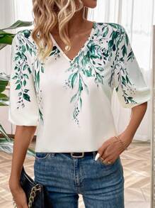 SHEIN LUNE Random Pattern V-Neck Blouse - Apricot - View 5