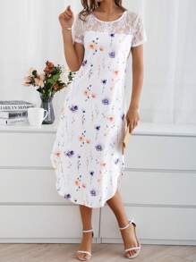 EMERY ROSE Của phụ nữ Vá lại Ren & In hoa Vòng cổ Ngắn tay Đầm Midi Cho mùa xuân - trắng - Xem 4