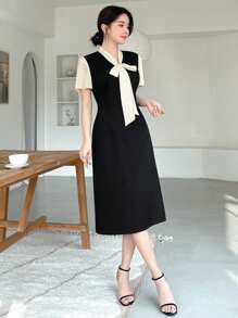 Dazy Designer Quý cô Khối màu Nối Váy có thắt lưng - Nhiều màu - Xem 5
