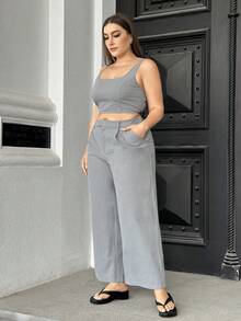 SHEIN Essnce 女士大码夏季休闲工作背心裤套装两件套 - 灰色 - 查看 3