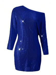 Chiquease 蝙蝠翼袖不對稱領口閃光連身裙 - 寶藍色 - 查看 6