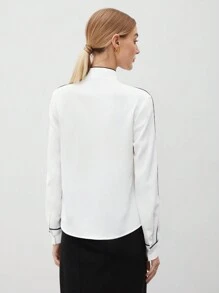 BizChic 女式條紋色塊領口細節捲邊襯衫 - 白色 - 查看 2