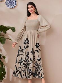 Mulvari Women's Plant Printed Shirred Top Half Sleeve Dress - Khaki - View 3
