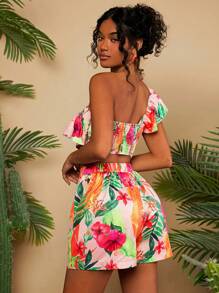 Travachic Women's Tropical Plant Print One Shoulder Ruffle Trim Top And Shorts Two Piece Beach Set - Multicolor - View 2
