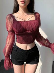 DAZY 女式方領網狀長袖襯衫 - 紅色 - 查看 7