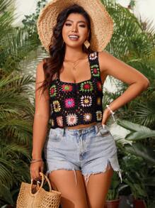 SHEIN SunnyBelle Plus Size Floral Crochet Knitting Top - Black - View 1