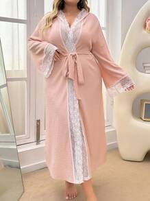 Plus Size Lace Patchwork Hooded Robe