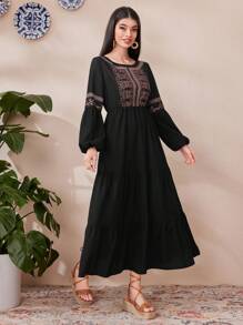 Al Najma 女款定位花卉图案灯笼袖连衣裙 - 黑色 - 查看 3